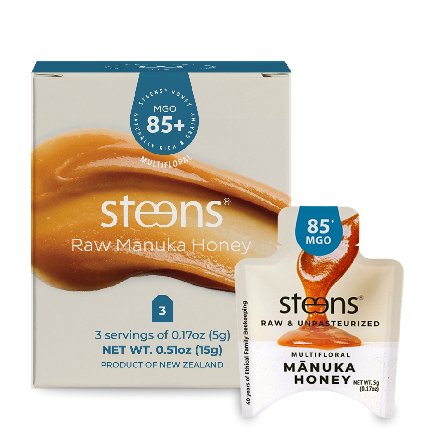 MGO 85+ Raw Multifloral Manuka Honey 5g sachet – 3 pack – Steens