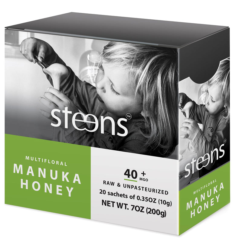 Steens Manuka Honey - Back of box for 20 Packets - 10g/0.35pz each